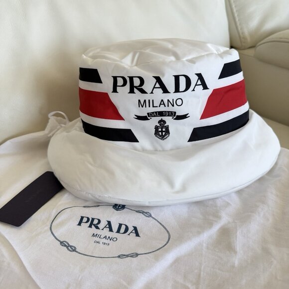 NWT Prada Re-Nylon Logo Printed Bucket Hat White Sz M main image 9